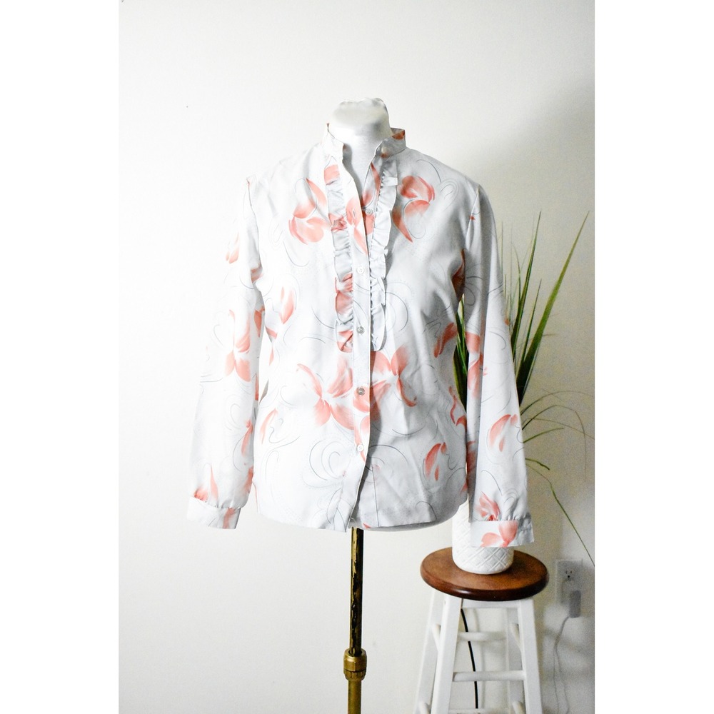 Koret Blouse Womens 14 White Coral Vintage 70s Ruffle Mock Neck Floral Retro